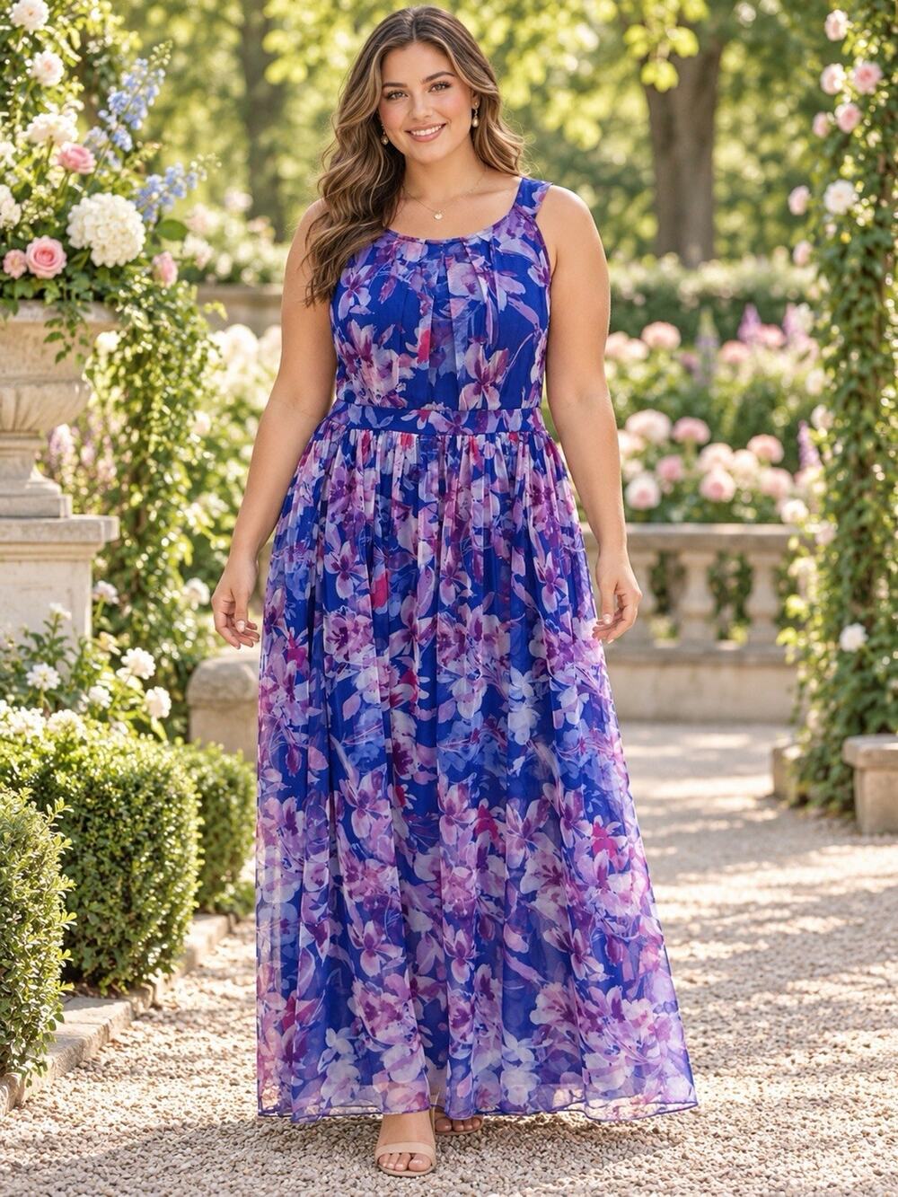 Candalite Women’s XL Blue Purple Floral Mesh Overlay Sleeveless Maxi Dress